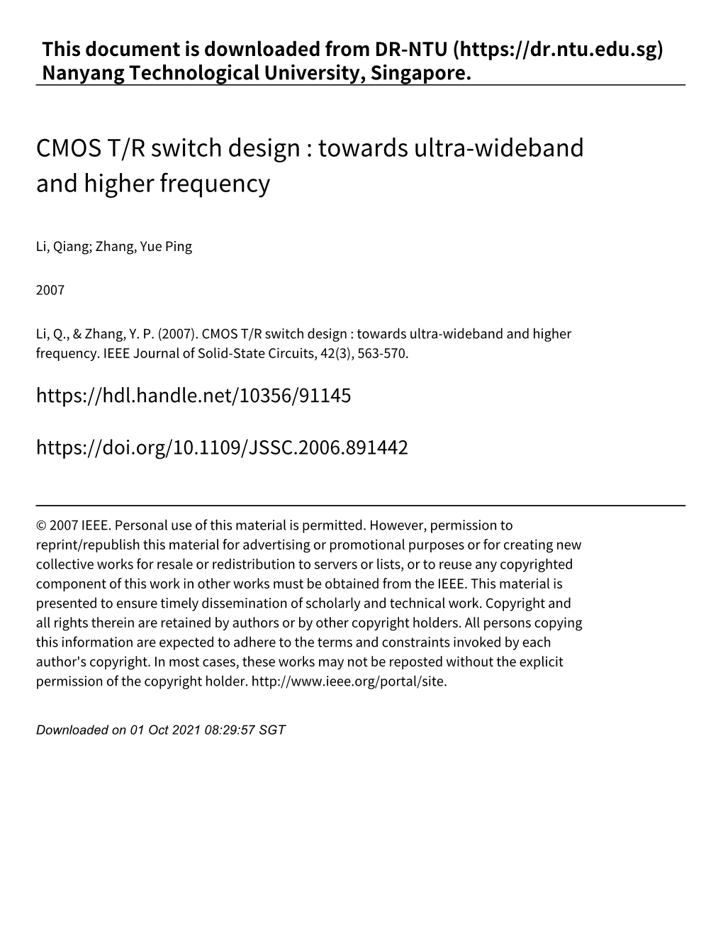 CMOS T/R Switch Design : Towards Ultra‑Wideband and Higher Frequency