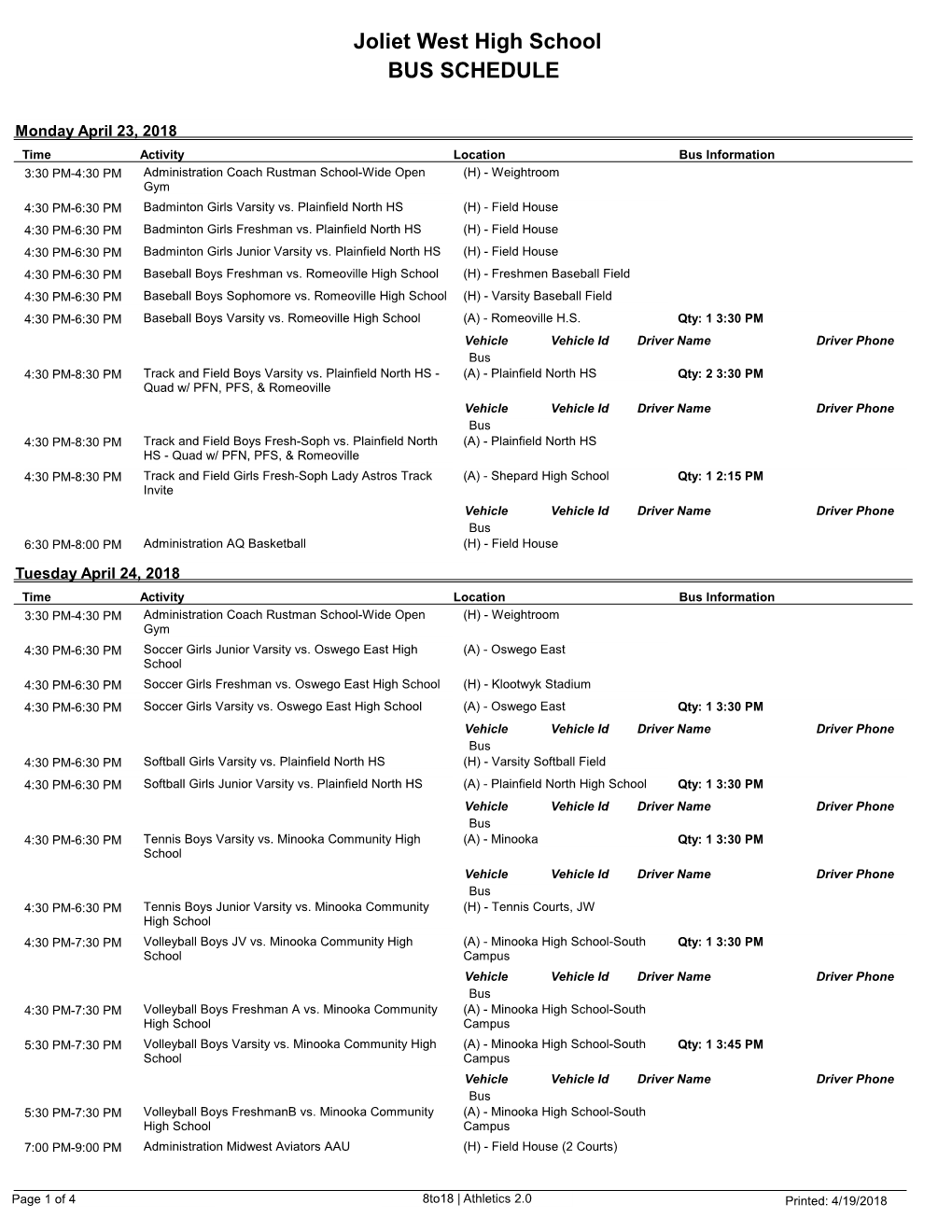 Joliet West High School BUS SCHEDULE