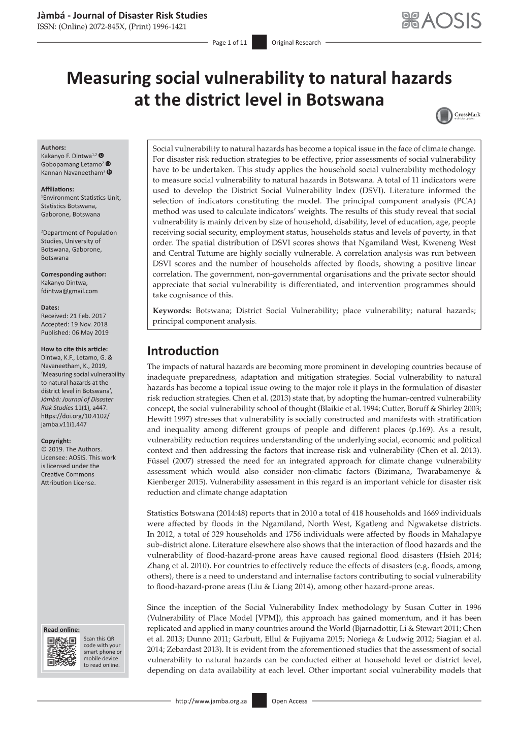 Measuring Social Vulnerability to Natural Hazards at the District Level in Botswana