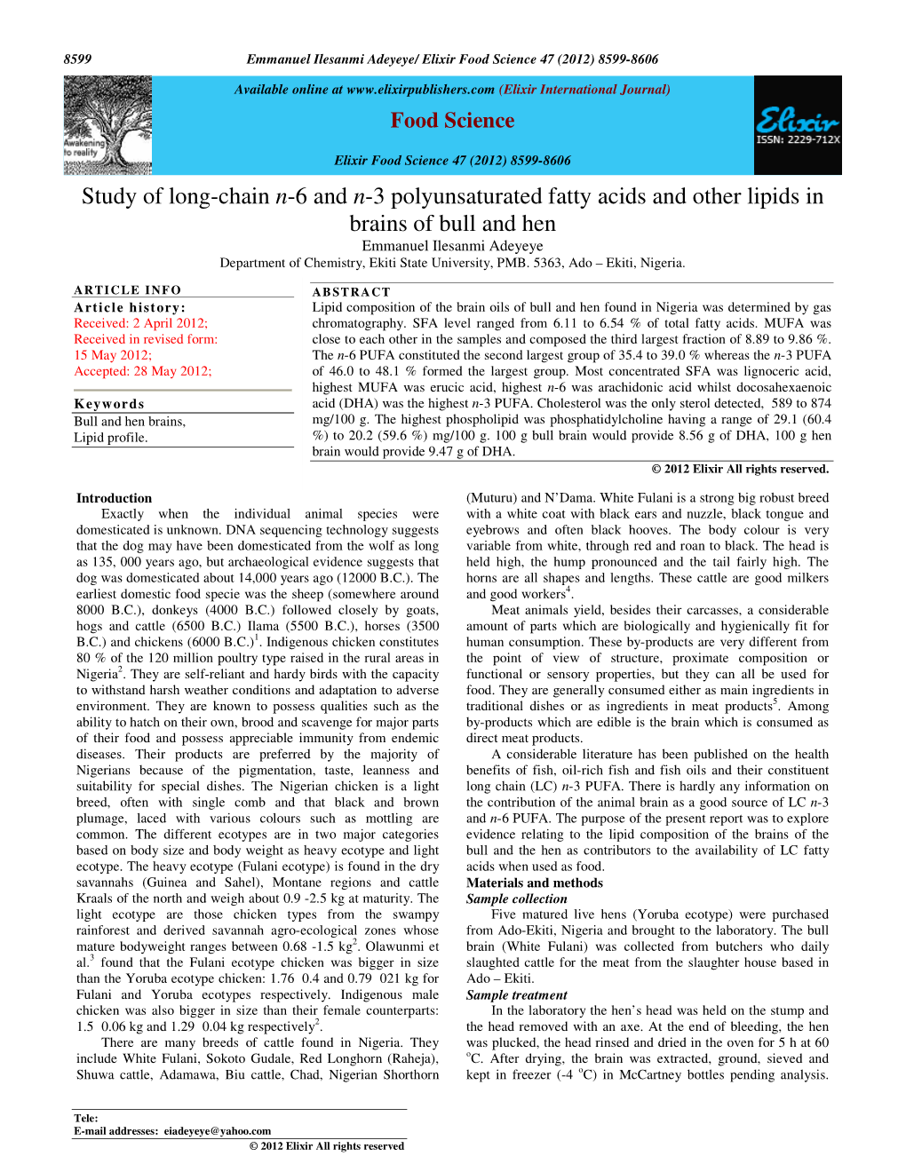 Study of Long-Chain N-6 and N-3 Polyunsaturated Fatty Acids and Other Lipids in Brains of Bull And