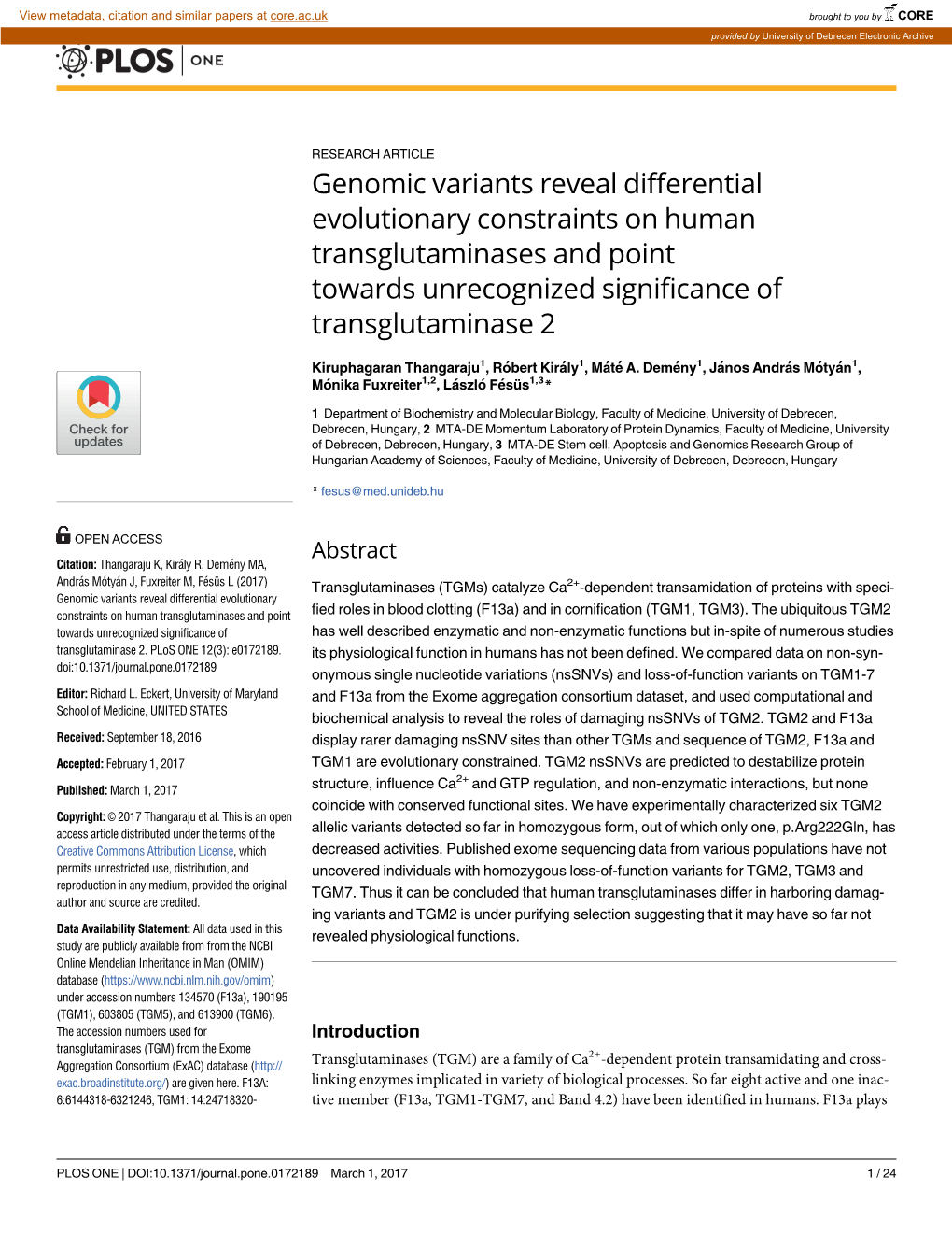 Genomic Variants Reveal Differential Evolutionary Constraints on Human Transglutaminases and Point Towards Unrecognized Significance of Transglutaminase 2