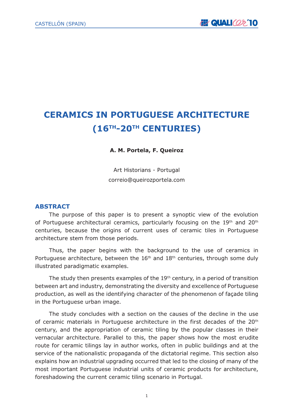 Ceramics in Portuguese Architecture (16Th-20Th Centuries)