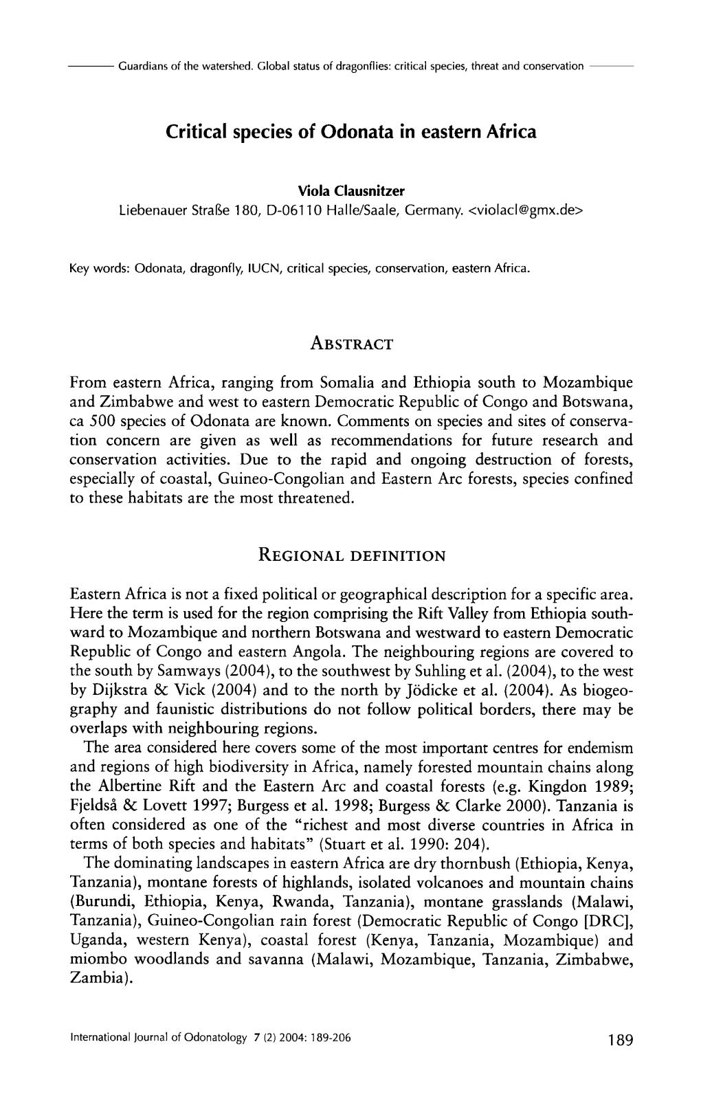 Critical Species of Odonata in Eastern Africa