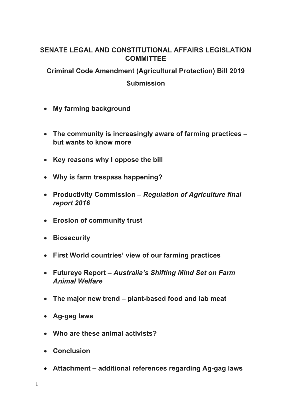 (Agricultural Protection) Bill 2019 Submission