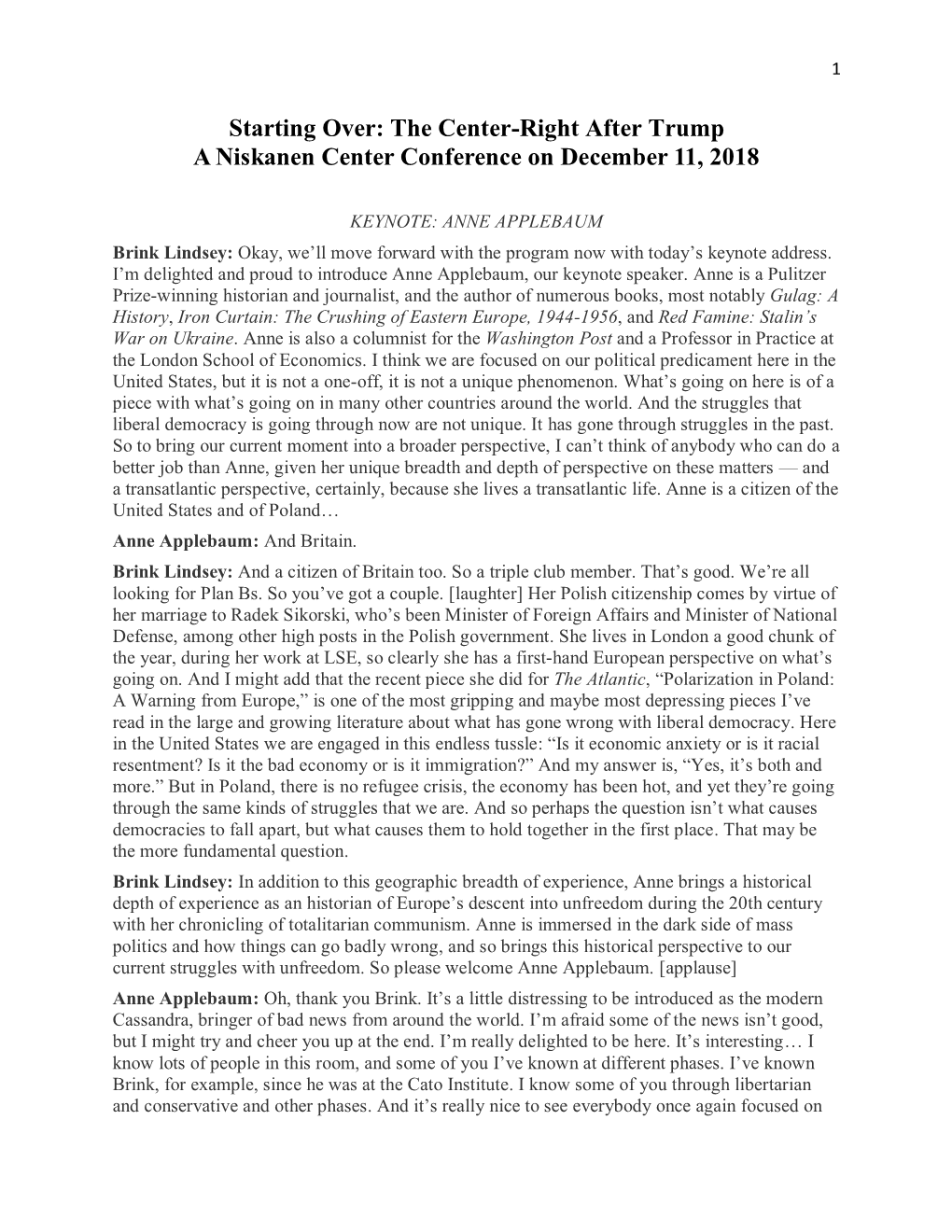 Starting Over: the Center-Right After Trump a Niskanen Center Conference on December 11, 2018