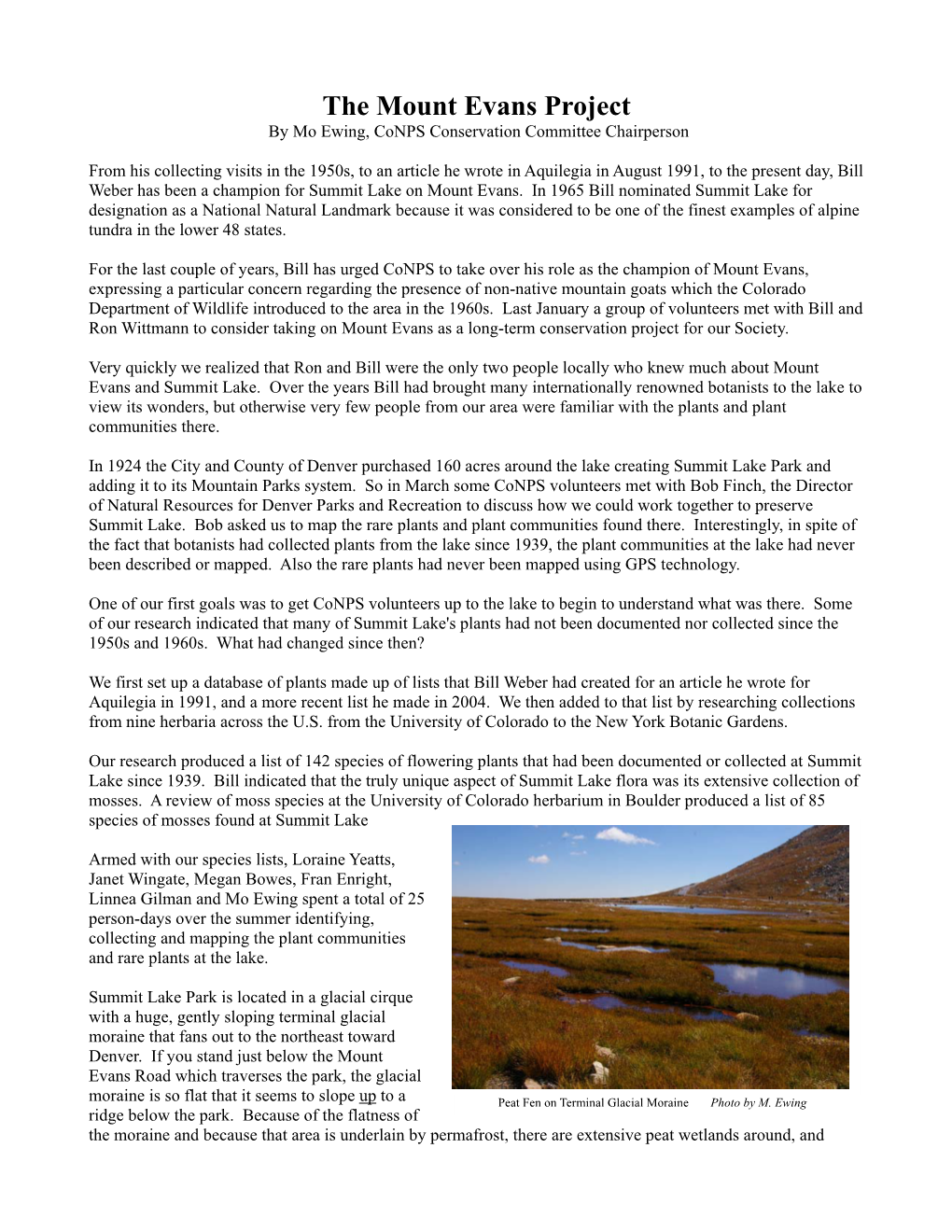 The Mount Evans Project by Mo Ewing, Conps Conservation Committee Chairperson