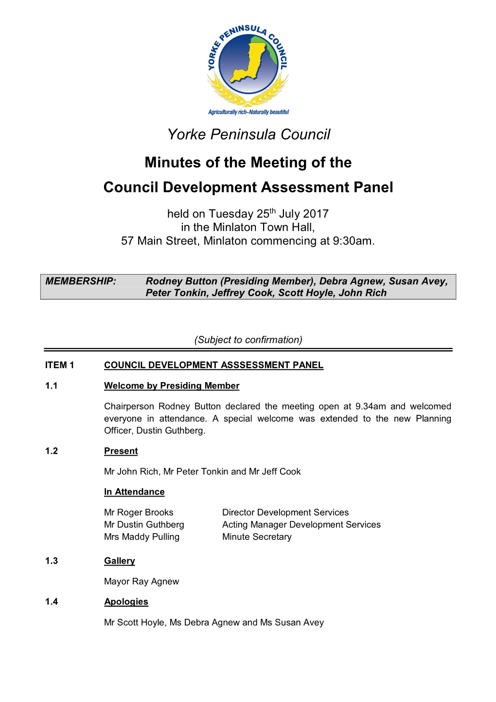 Yorke Peninsula Council Minutes of the Meeting of the Council Development Assessment Panel