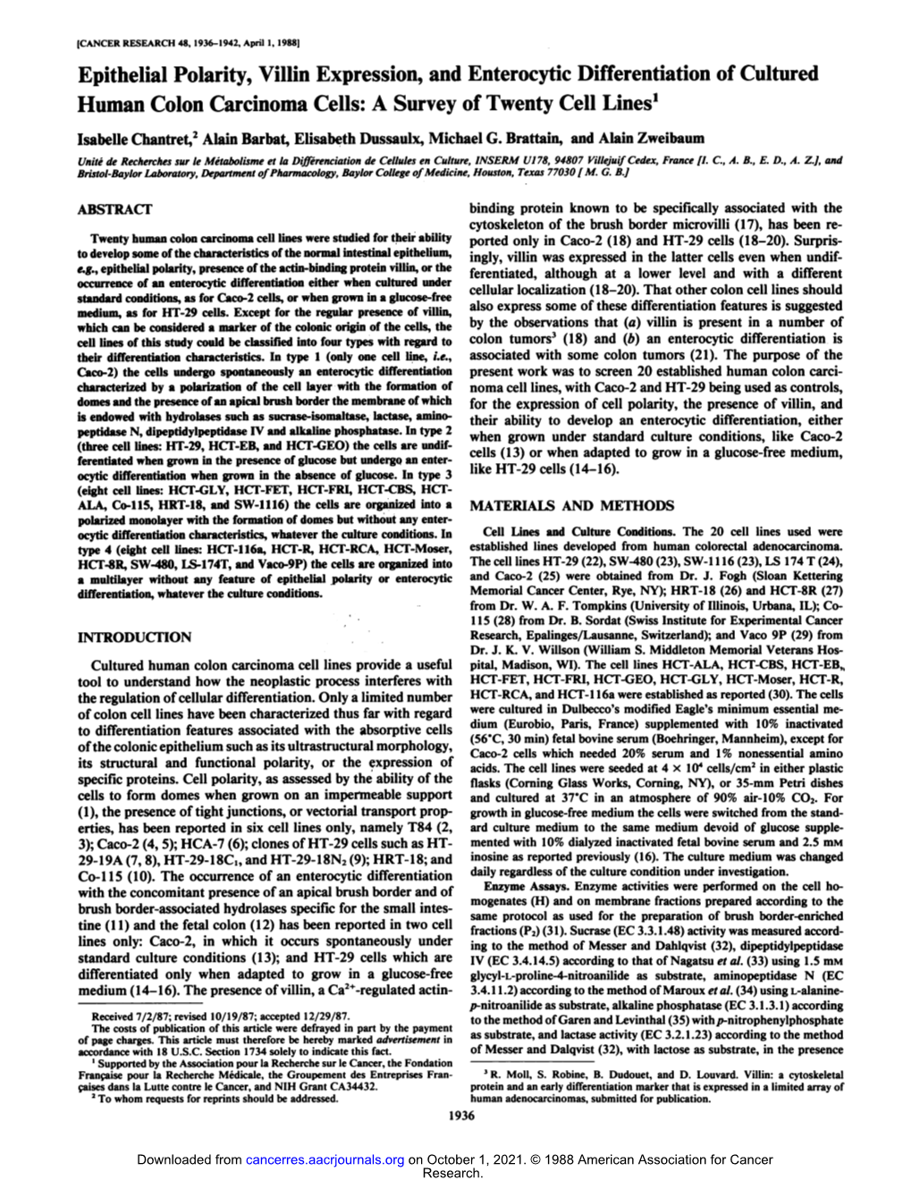 Epithelial Polarity, Villin Expression, and Enterocytic Differentiation of Cultured Human Colon Carcinoma Cells: a Survey of Twenty Cell Lines1