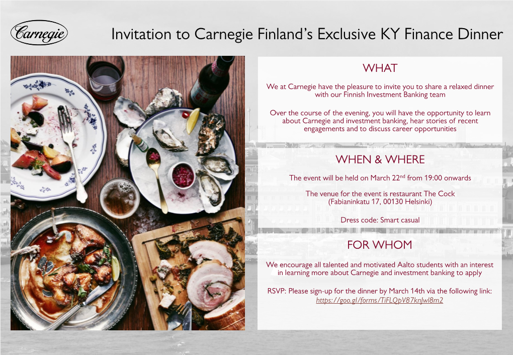 Invitation to Carnegie Finland's Exclusive KY Finance Dinner