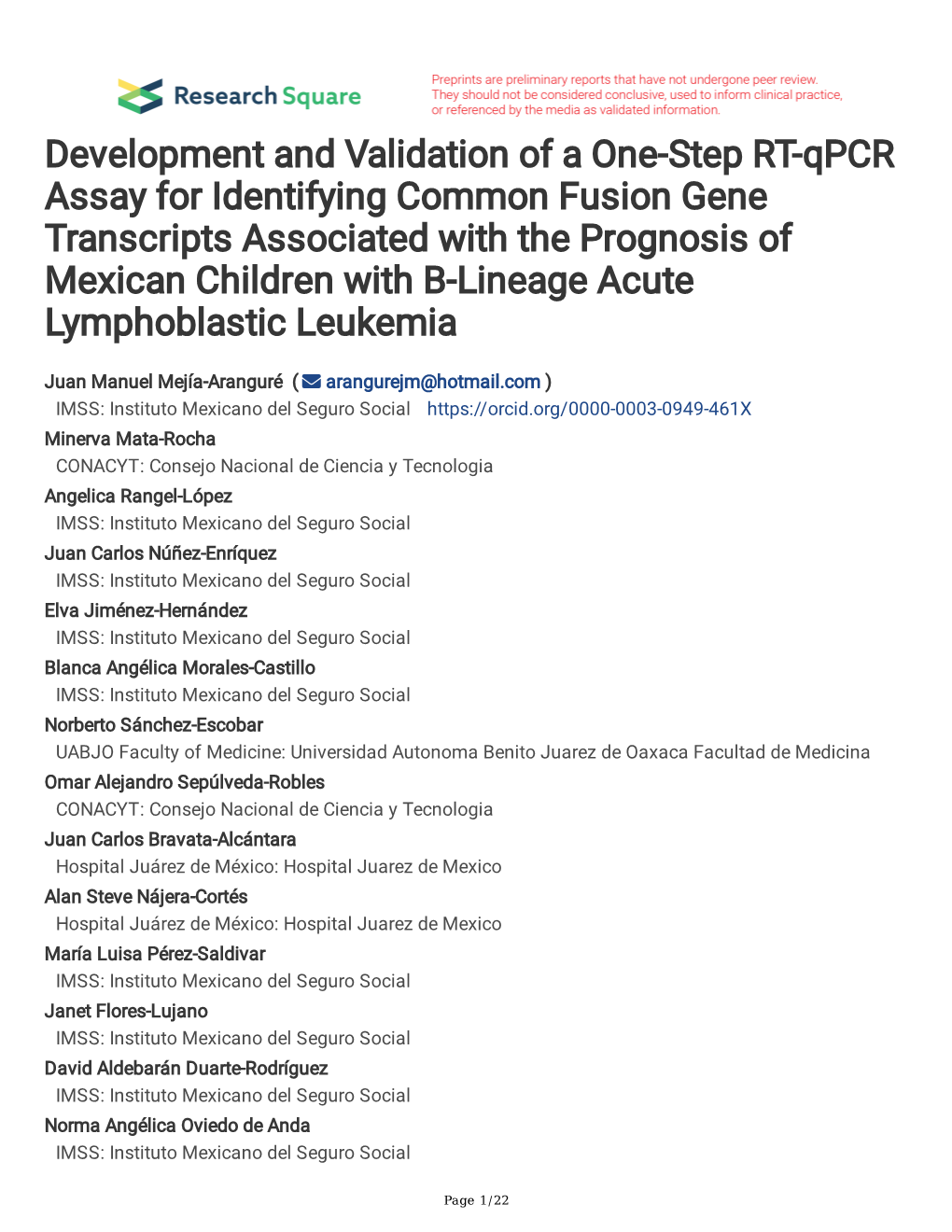 Development and Validation of a One-Step RT-Qpcr