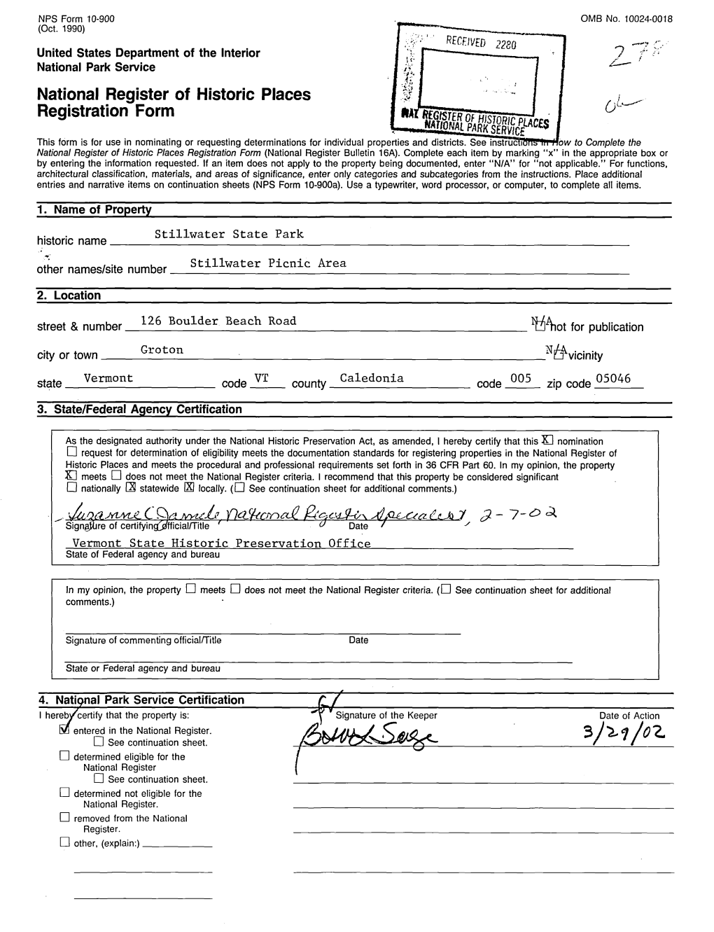 National Register of Historic Places Continuation Sheet Stillwater State Park Section Number 7 Page 1__ Groton, Caledonia County, Vermont