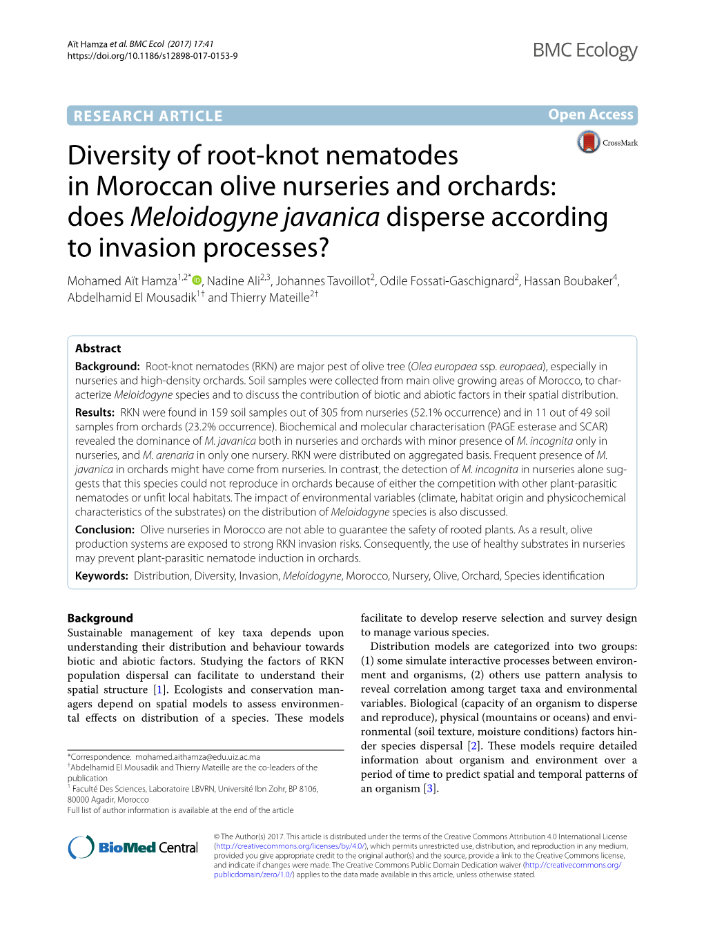 Diversity of Root-Knot Nematodes in Moroccan Olive Nurseries And