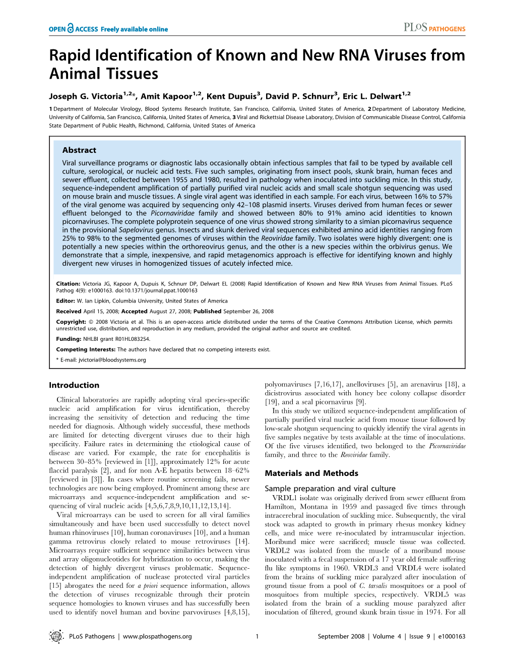 Rapid Identification of Known and New RNA Viruses from Animal Tissues