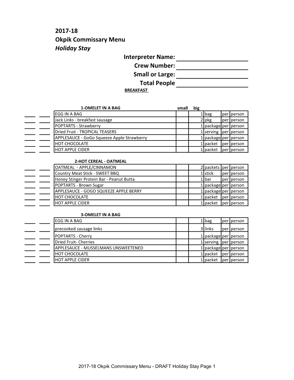 Okpik Trail Menu