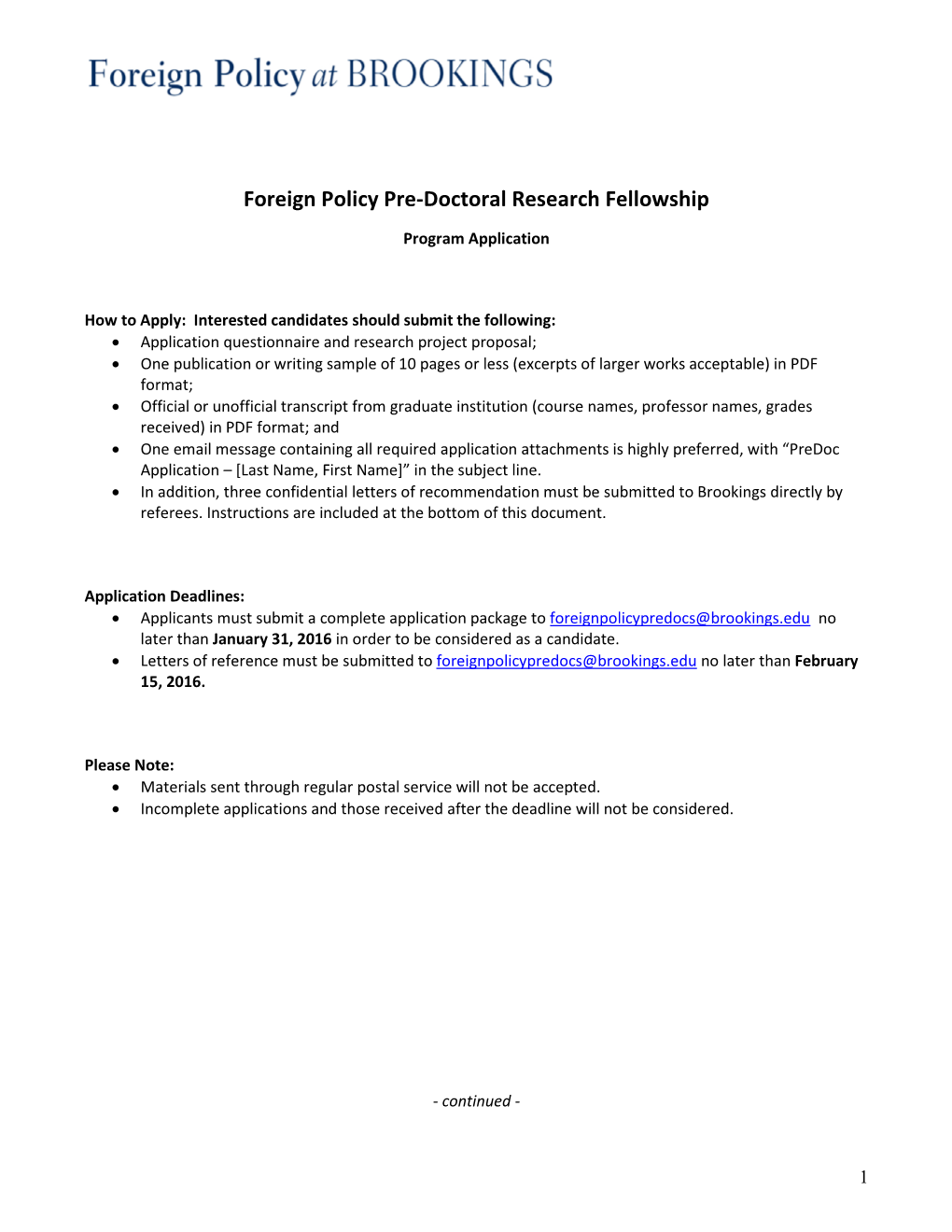 Brookings Africa Research Fellows Application