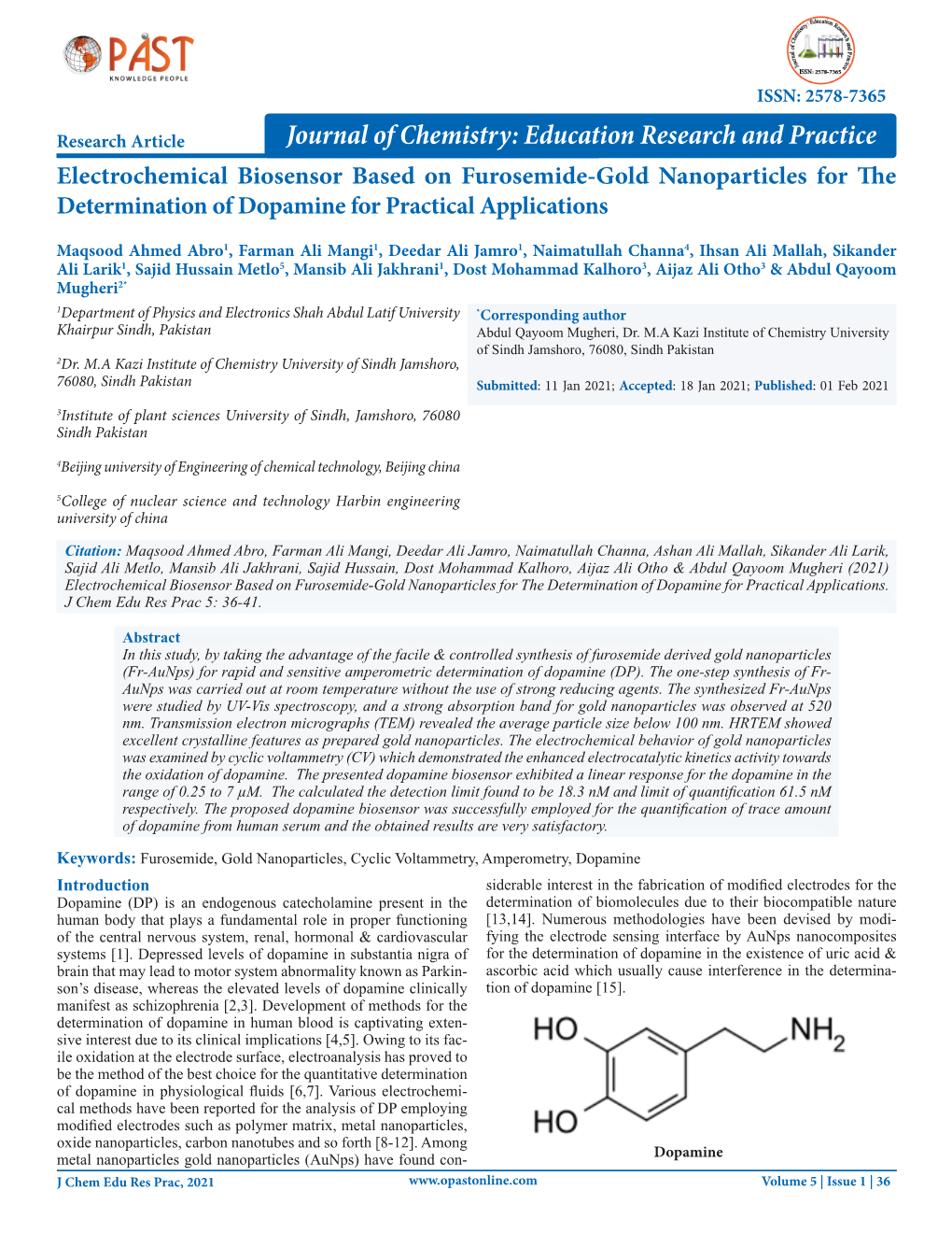 Electrochemical Biosensor Based on Furosemide-Gold Nanoparticles for the Determination of Dopamine for Practical Applications