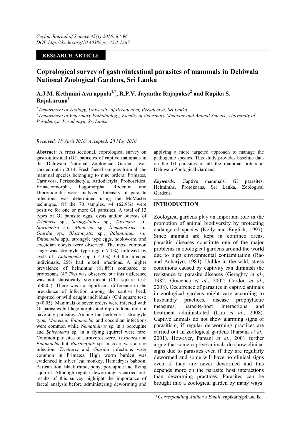 Coprological Survey of Gastrointestinal Parasites of Mammals in Dehiwala National Zoological Gardens, Sri Lanka