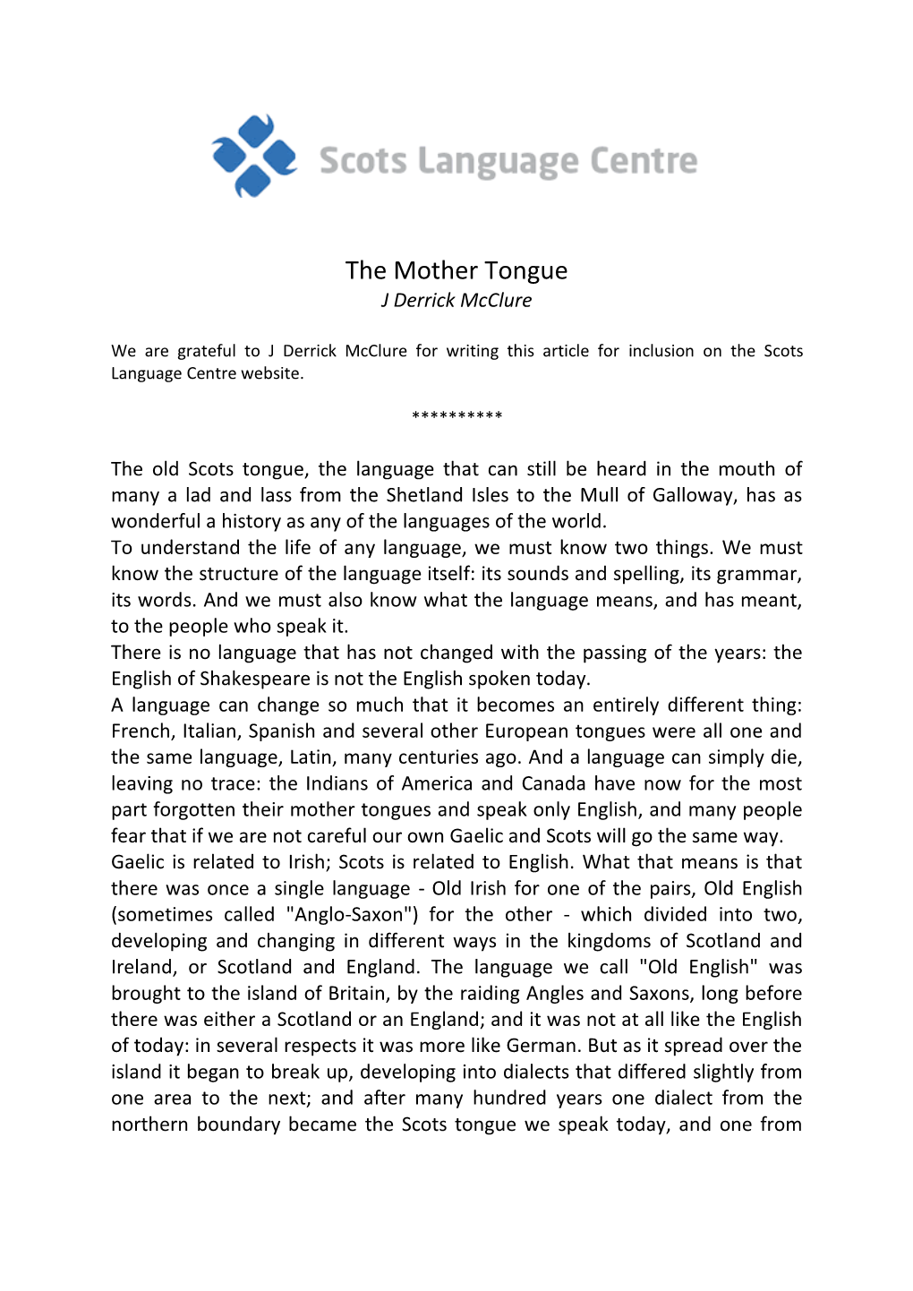 The Mother Tongue J Derrick Mcclure