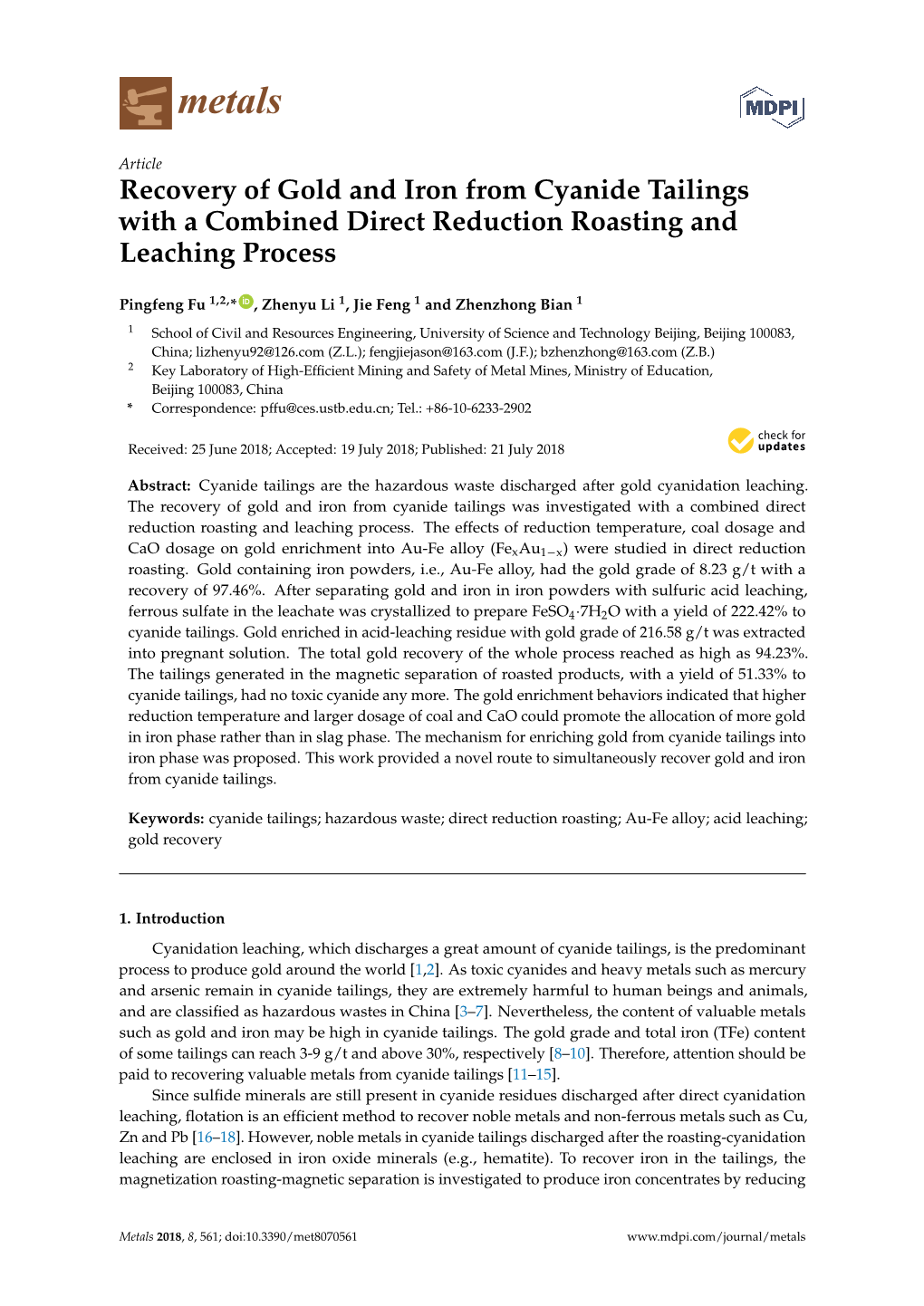 Recovery of Gold and Iron from Cyanide Tailings with a Combined Direct Reduction Roasting and Leaching Process