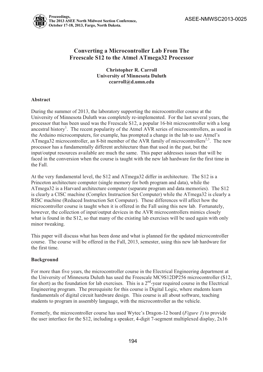 Converting a Microcontroller Lab from the Freescale S12 to the Atmel Atmega32 Processor