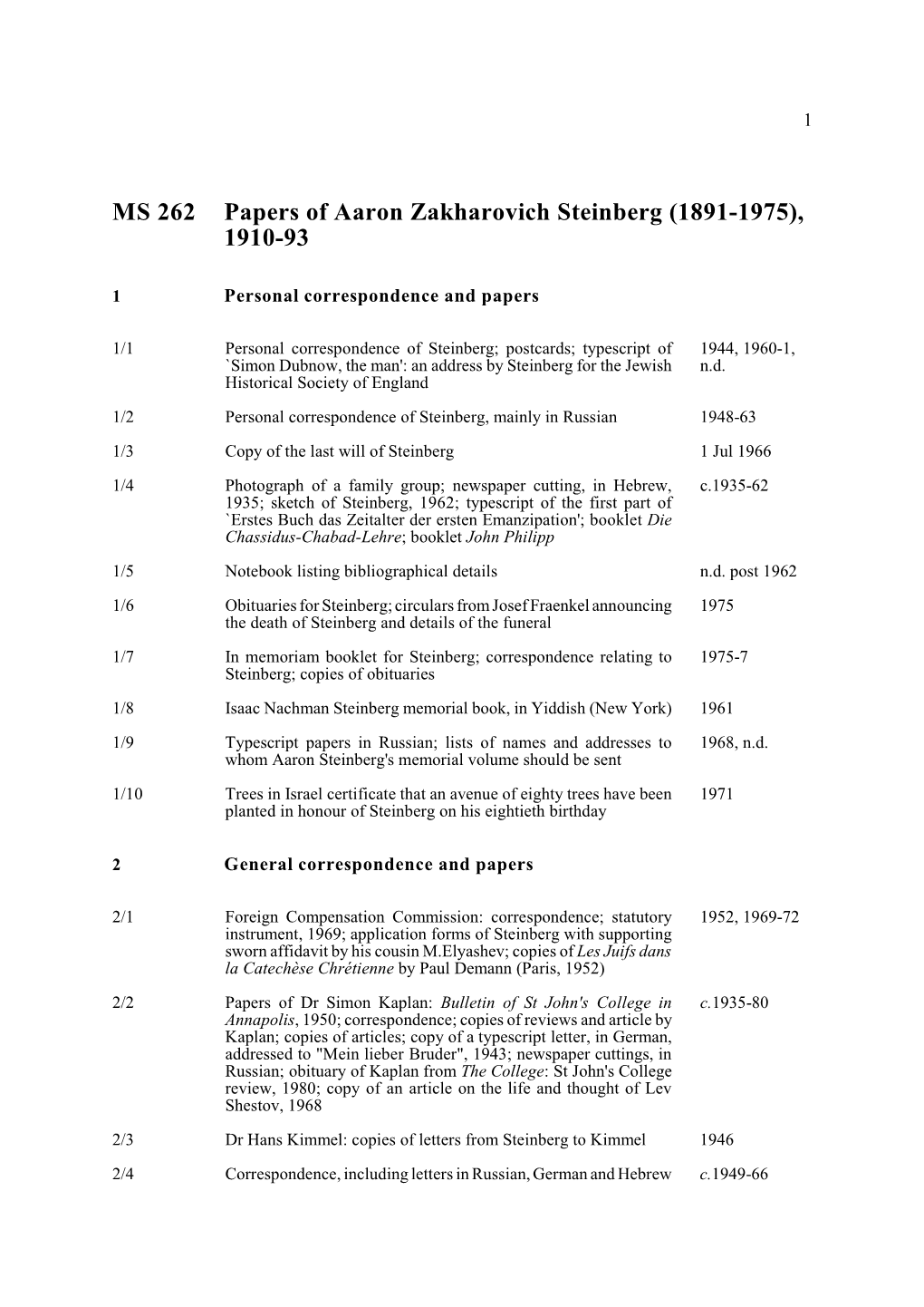 MS 262 Papers of Aaron Zakharovich Steinberg (1891-1975), 1910-93