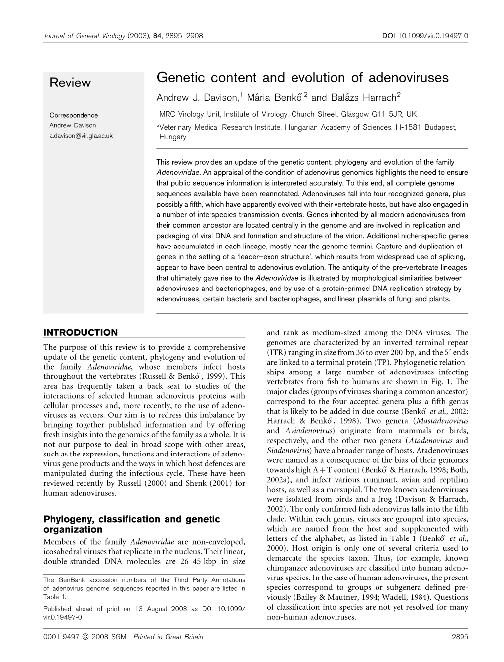 Genetic Content and Evolution of Adenoviruses Andrew J