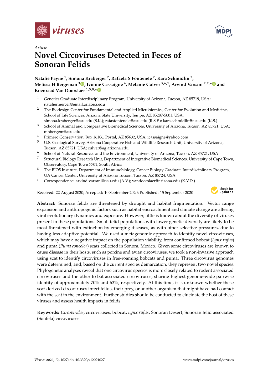 Novel Circoviruses Detected in Feces of Sonoran Felids