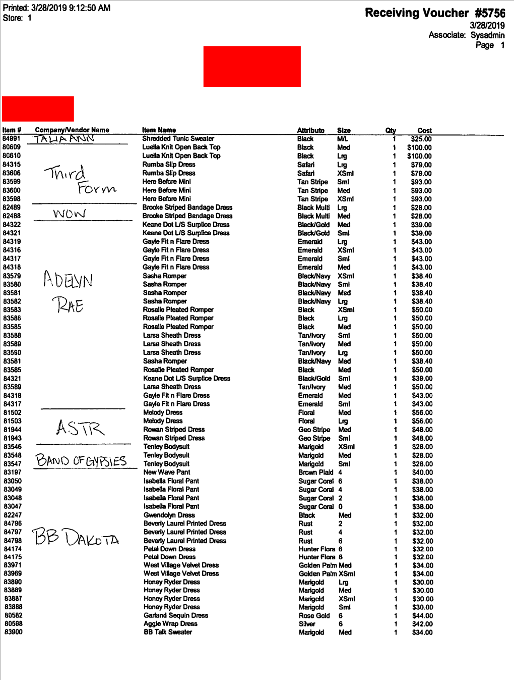 Billed from Receiving Voucher #5756