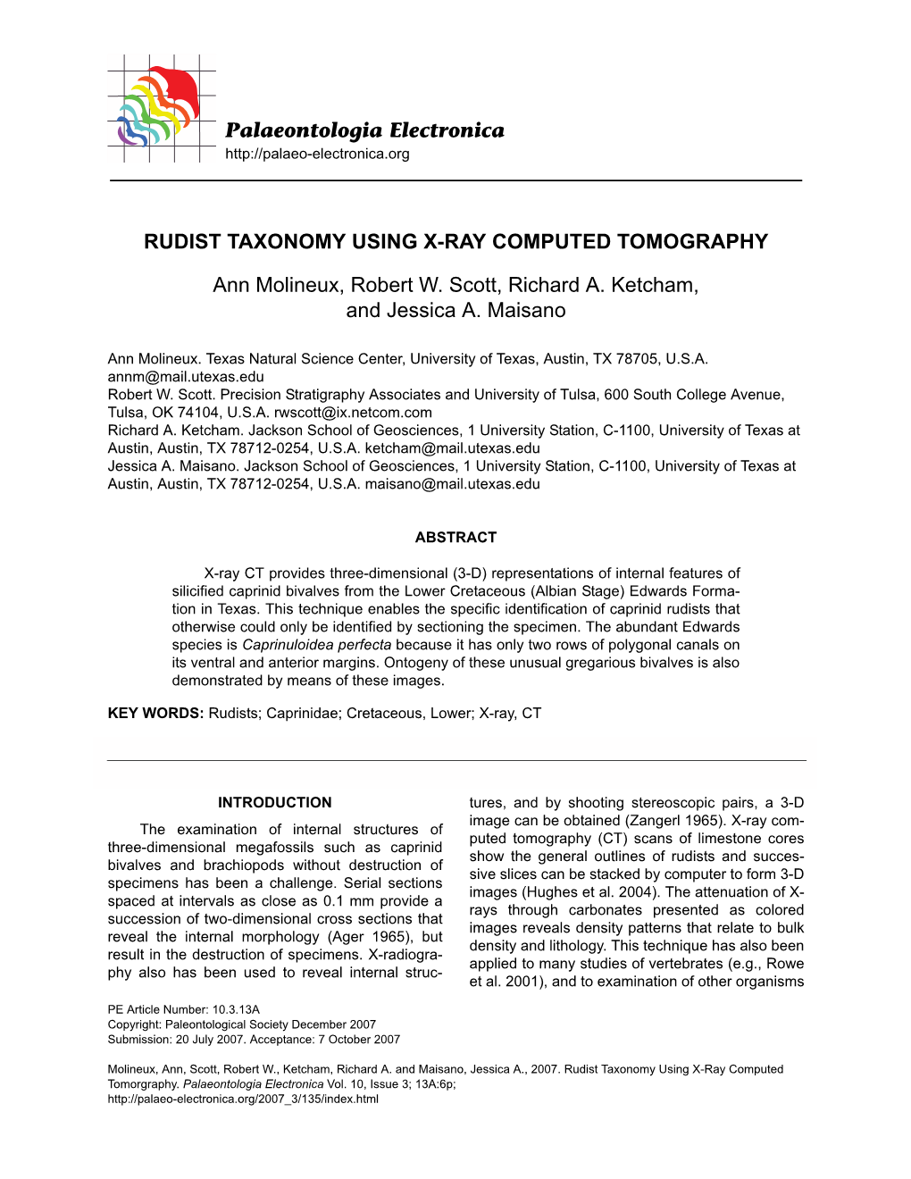 Palaeontologia Electronica RUDIST TAXONOMY USING X-RAY