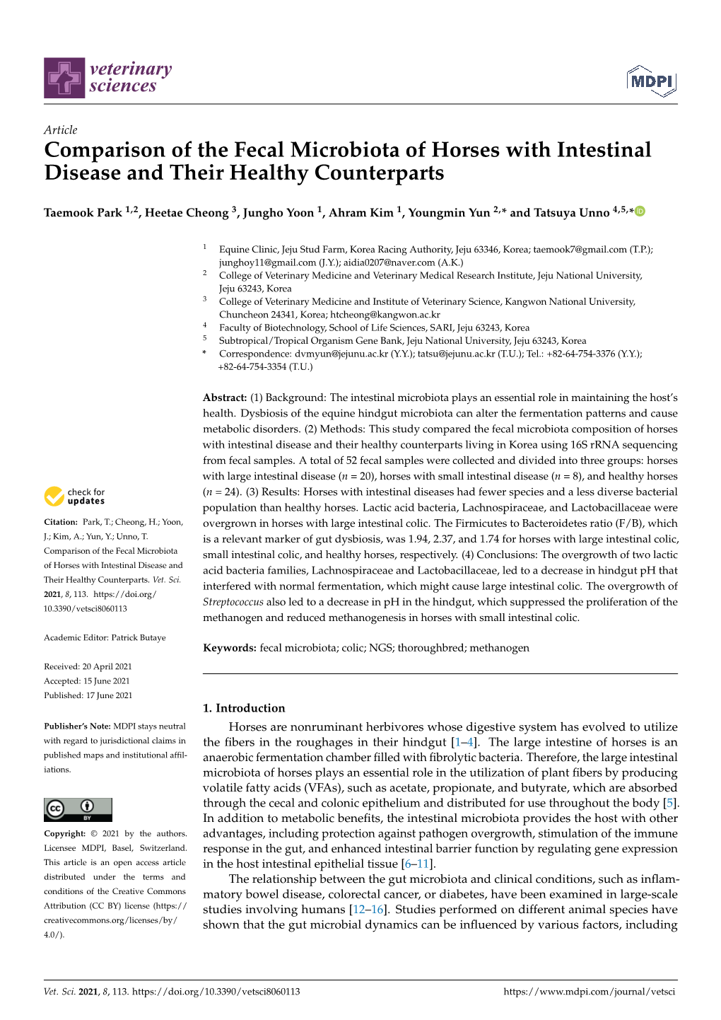 Comparison of the Fecal Microbiota of Horses with Intestinal Disease and Their Healthy Counterparts