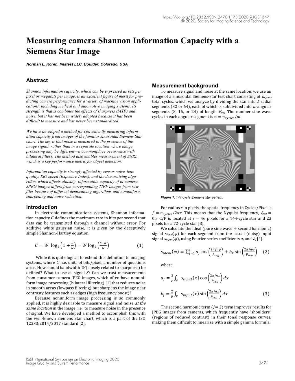 Measuring Camera Shannon Information Capacity with a Siemens Star Image