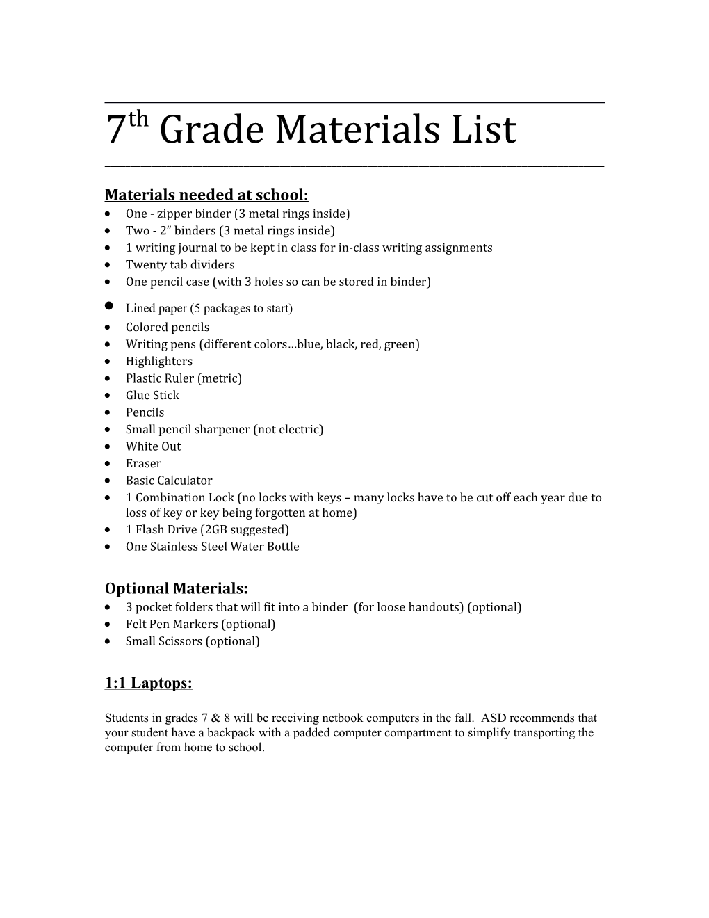 Materials Needed at School