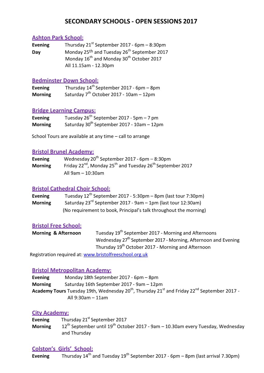 Secondary Schools - Open Sessions 2017