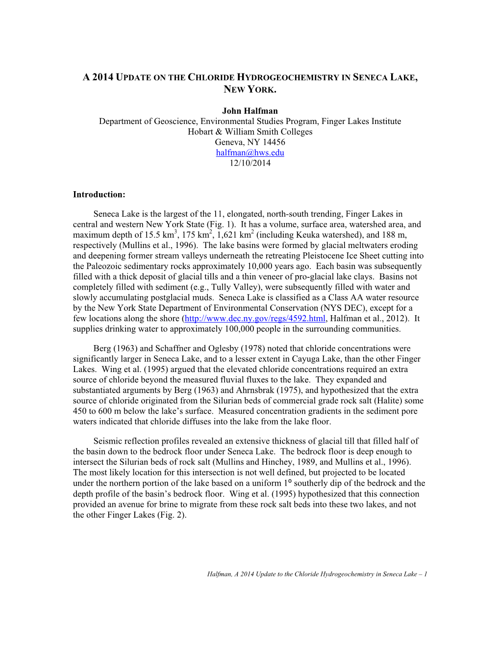 2014 Update on the Chloride Hydrogeochemistry in Seneca Lake, New York