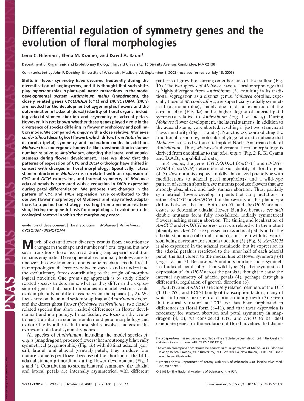 Differential Regulation of Symmetry Genes and the Evolution of Floral Morphologies