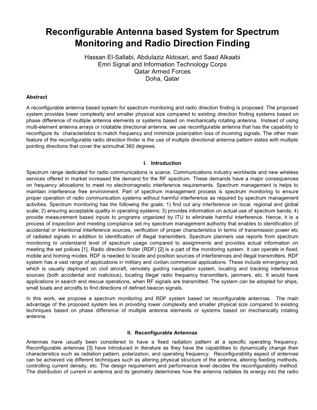 Reconfigurable Antenna Based System for Spectrum Monitoring