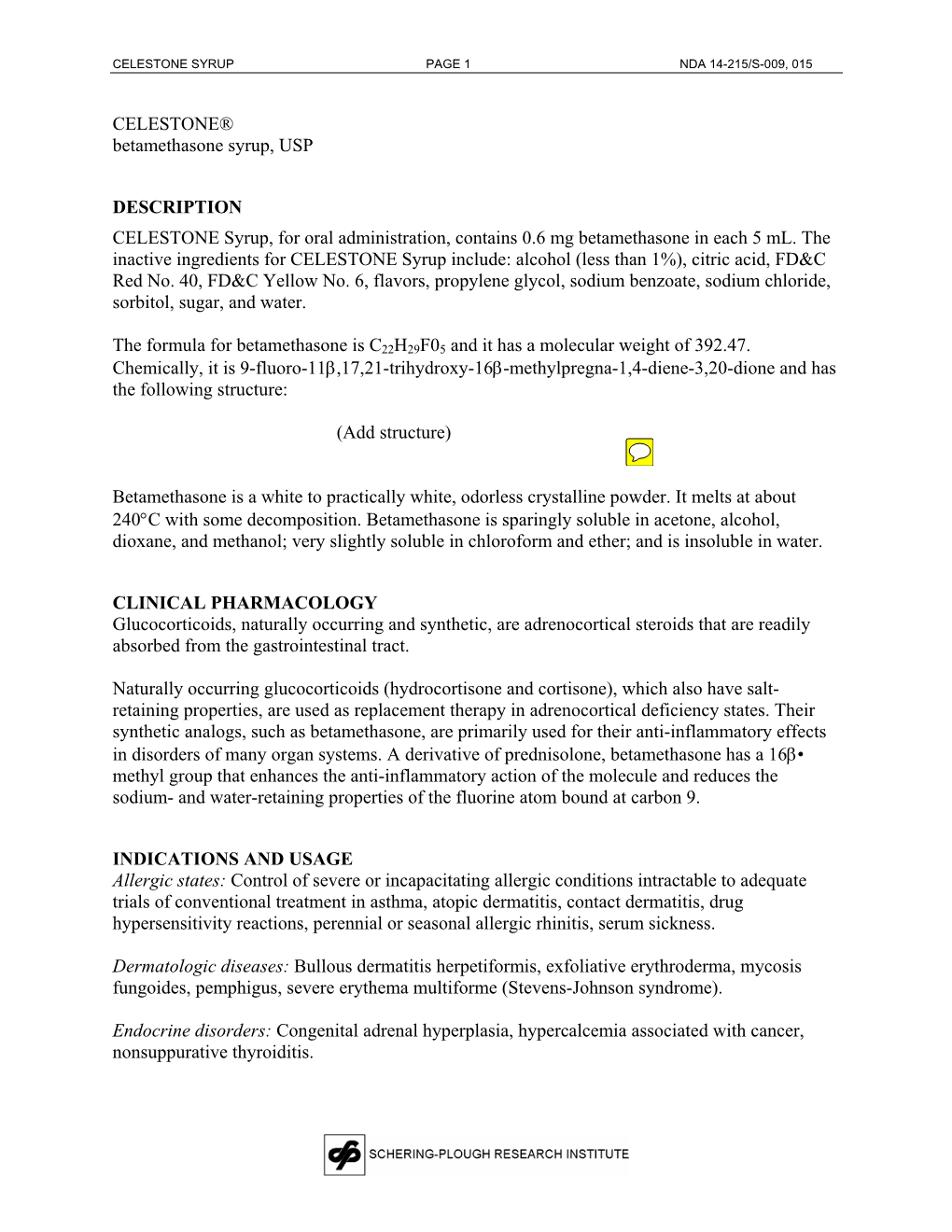 Celestone Syrup Page 1 Nda 14-215/S-009, 015