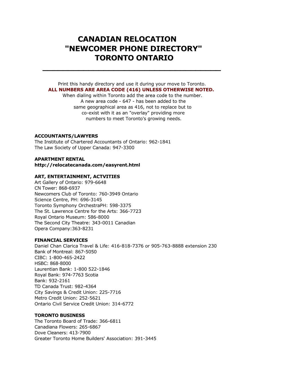 Canadian Relocation "Newcomer Phone Directory" Toronto Ontario ______