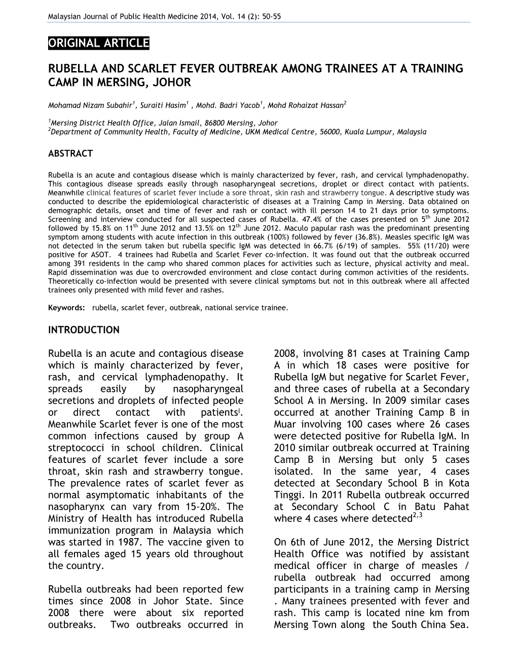 Original Article Rubella and Scarlet Fever Outbreak