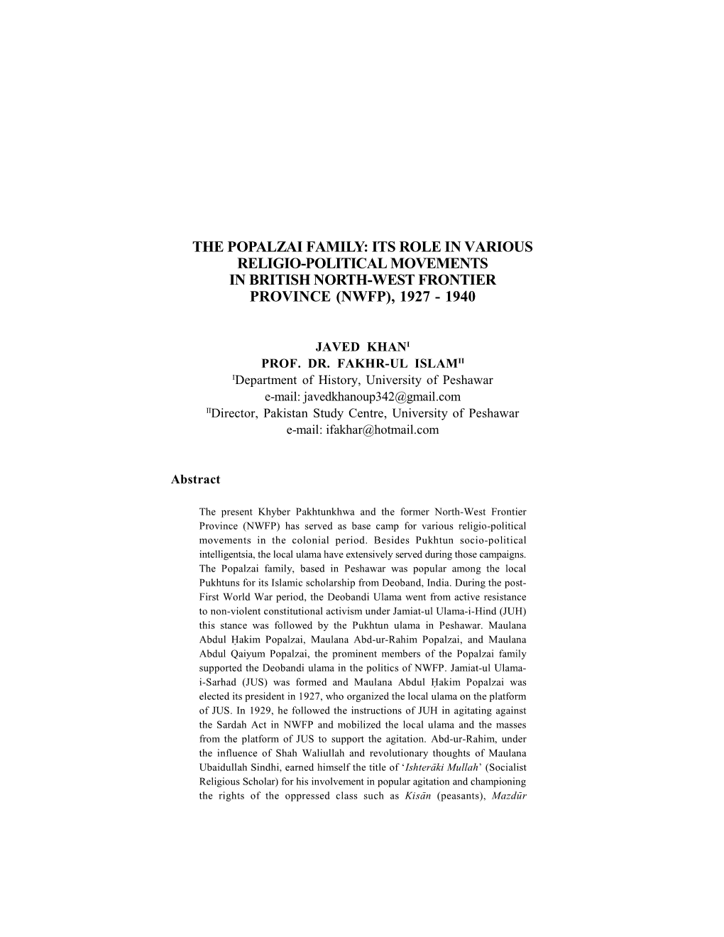 The Popalzai Family: Its Role in Various Religio-Political Movements in British North-West Frontier Province (Nwfp), 1927 - 1940