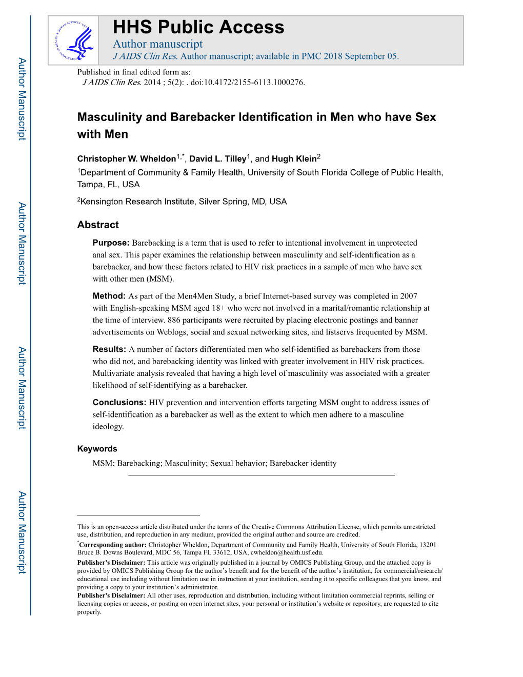 Masculinity and Barebacker Identification in Men Who Have Sex with Men