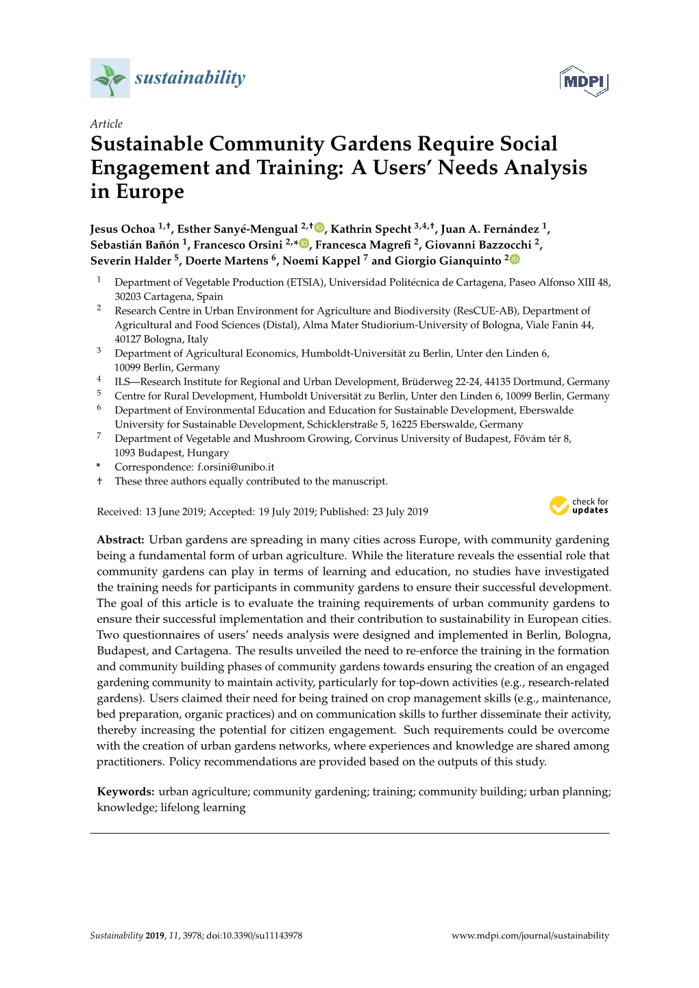 Sustainable Community Gardens Require Social Engagement and Training: a Users’ Needs Analysis in Europe