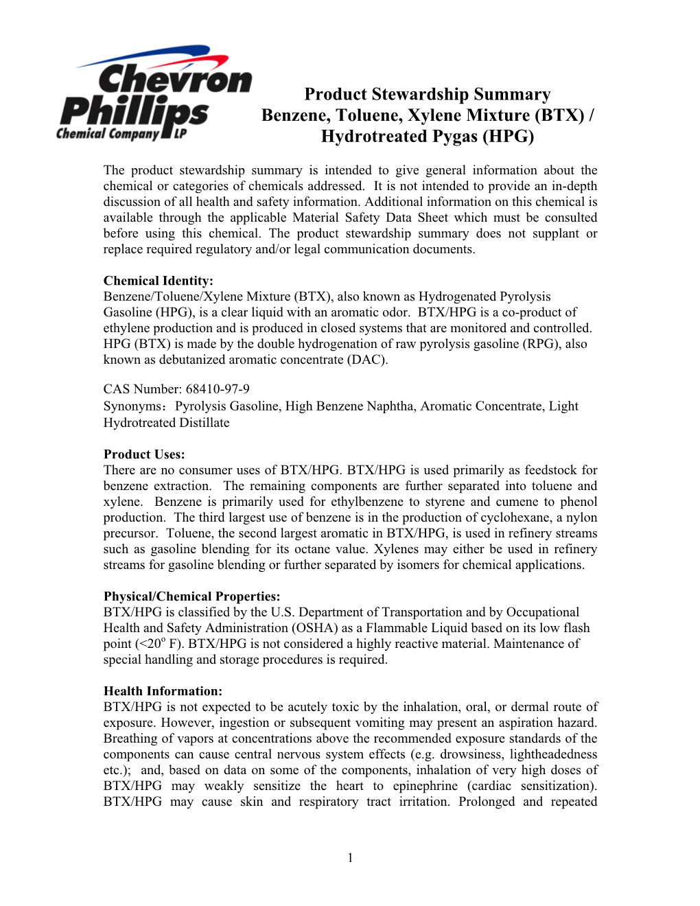 BTX) / Hydrotreated Pygas (HPG)