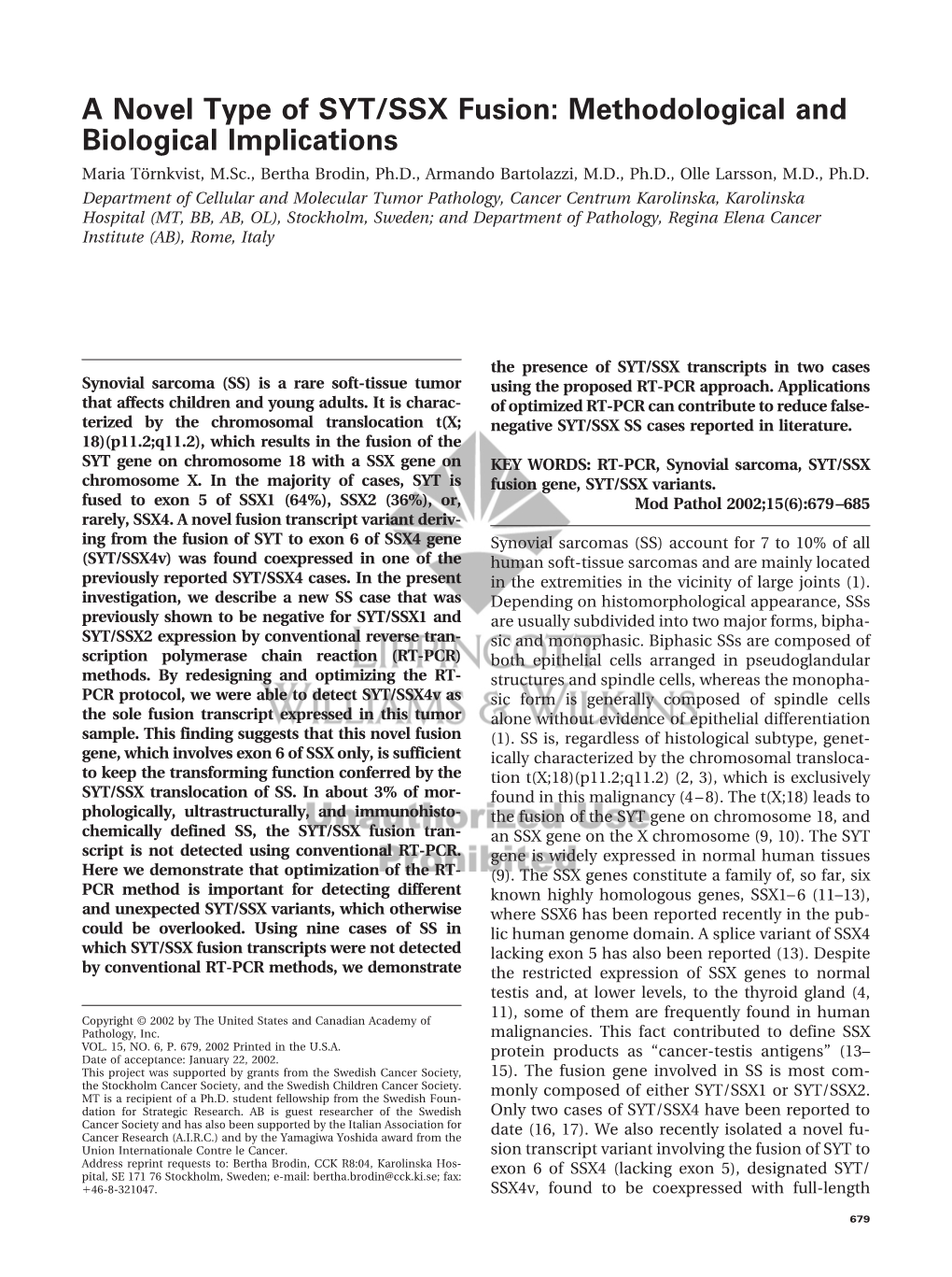 A Novel Type of SYT/SSX Fusion