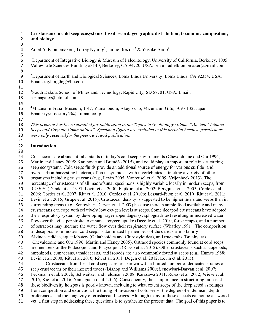 1 Crustaceans in Cold Seep Ecosystems: Fossil Record, Geographic Distribution, Taxonomic Composition, 2 and Biology 3 4 Adiël A