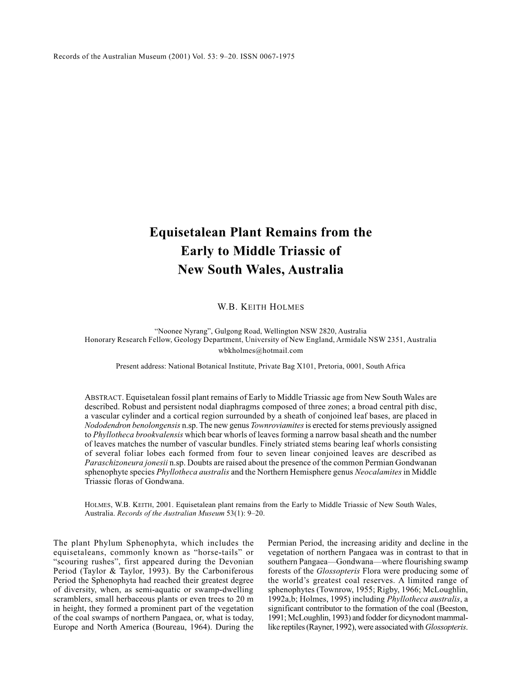 Equisetalean Plant Remains from the Early to Middle Triassic of New South Wales, Australia