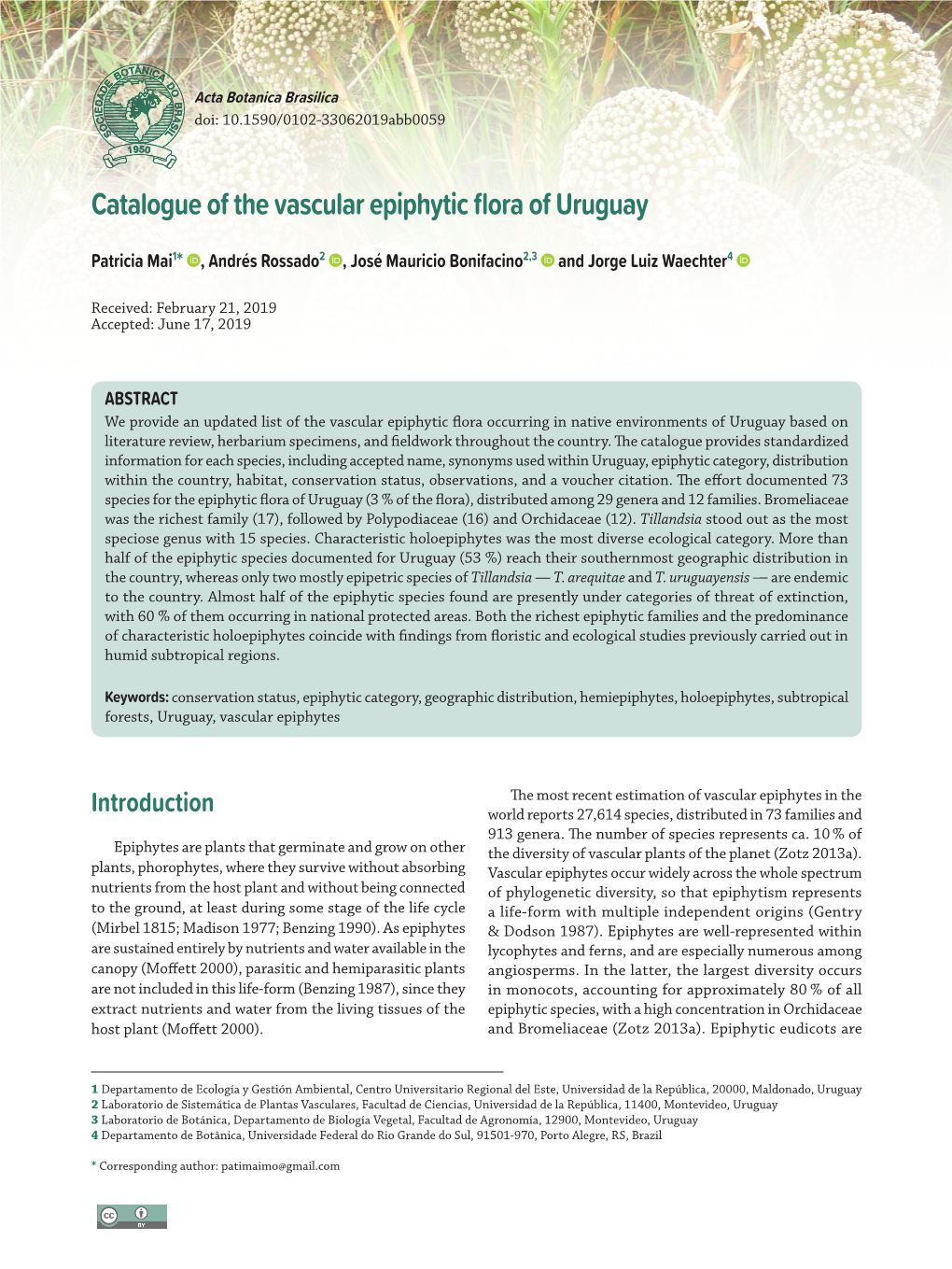 Catalogue of the Vascular Epiphytic Flora of Uruguay