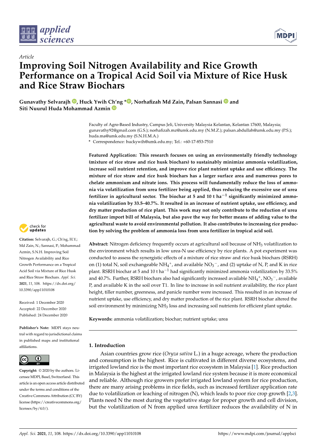 Improving Soil Nitrogen Availability and Rice Growth Performance on a Tropical Acid Soil Via Mixture of Rice Husk and Rice Straw Biochars