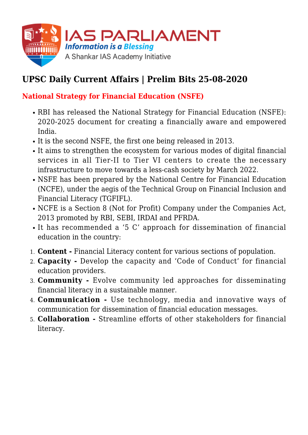 UPSC Daily Current Affairs | Prelim Bits 25-08-2020