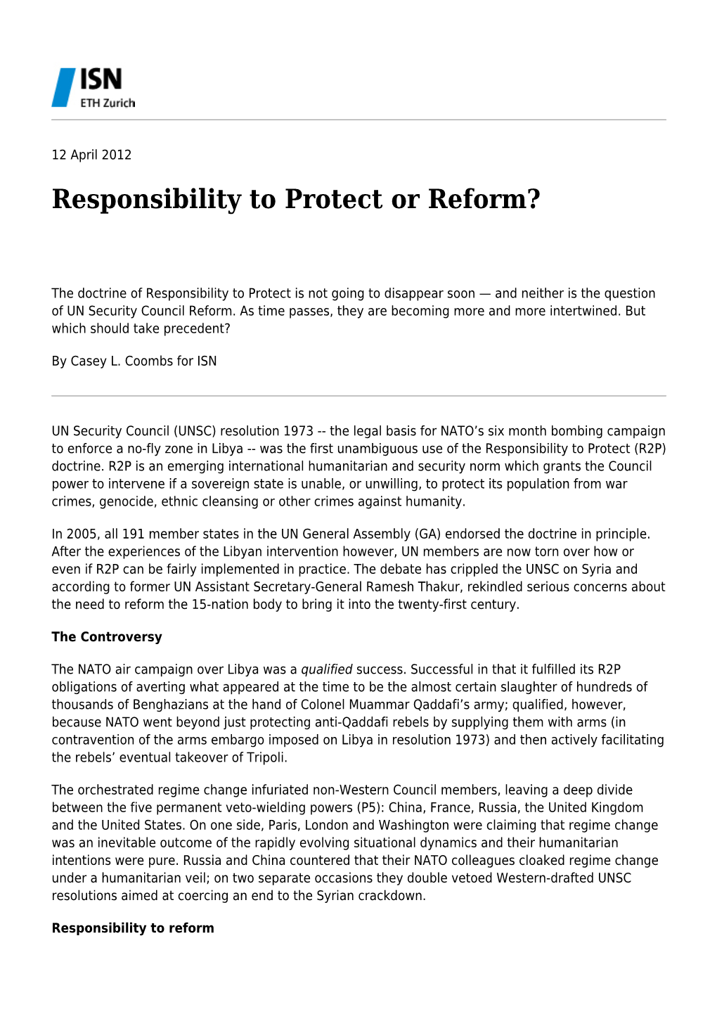 Responsibility to Protect Or Reform?